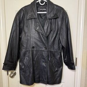 Vintage Luis Alvear Leather Jacket Mens Large Black Coat Overcoat Pockets